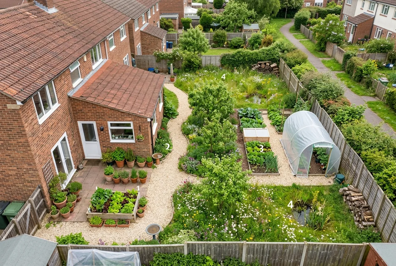 Aerial view of a small UK permaculture garden showing zones from house to boundary