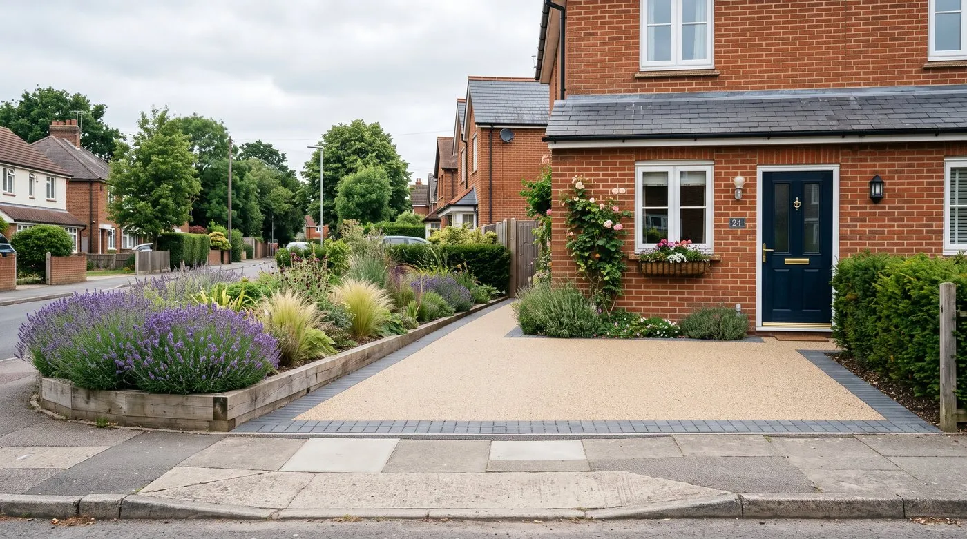 Permeable paving front garden with resin-bound gravel, block paving and retained planting beds in a UK suburban street