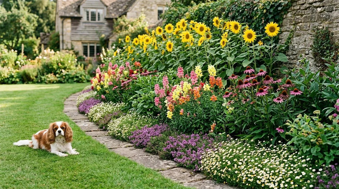 Complete pet-safe garden border with sunflowers, snapdragons, echinacea and creeping thyme ground cover