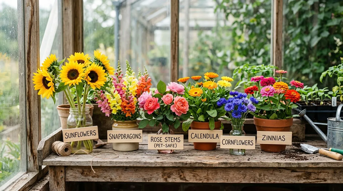 Display of pet-safe garden flowers including sunflowers, snapdragons, roses, calendula and cornflowers on a potting bench