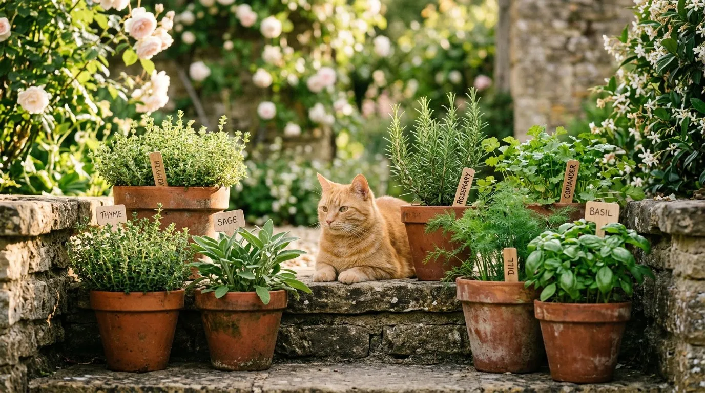 Pet safe herb garden with rosemary, thyme, basil and sage in terracotta pots with a ginger cat sitting among them