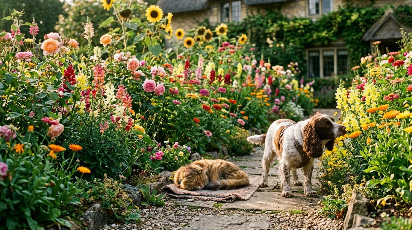 colourful UK cottage garden border with pet-safe sunflowers, snapdragons and roses with a cat and spaniel nearby