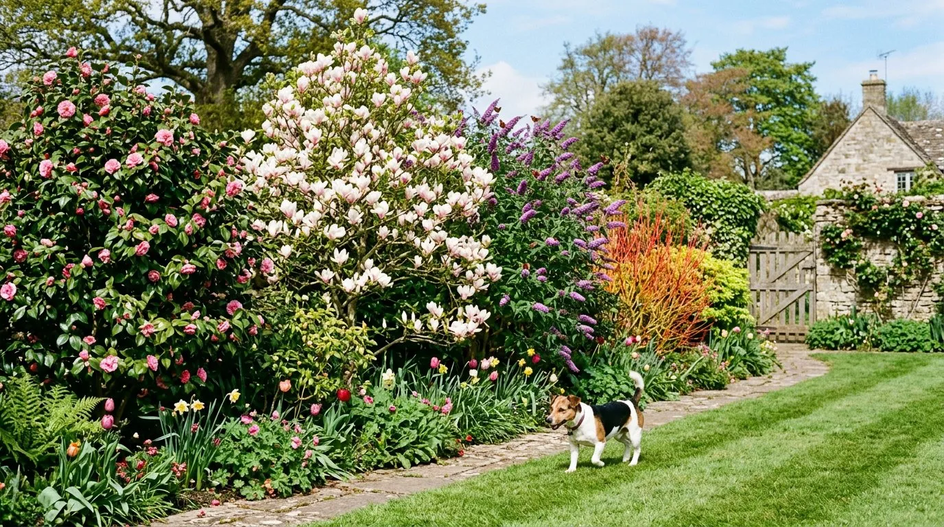 UK garden border with pet-safe shrubs including camellia, magnolia and buddleia with a jack russell terrier