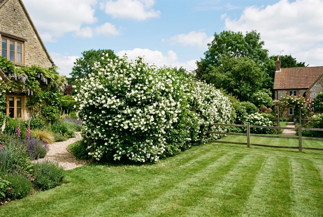 Mature philadelphus hedge used as a fragrant garden boundary screen in a UK rural setting