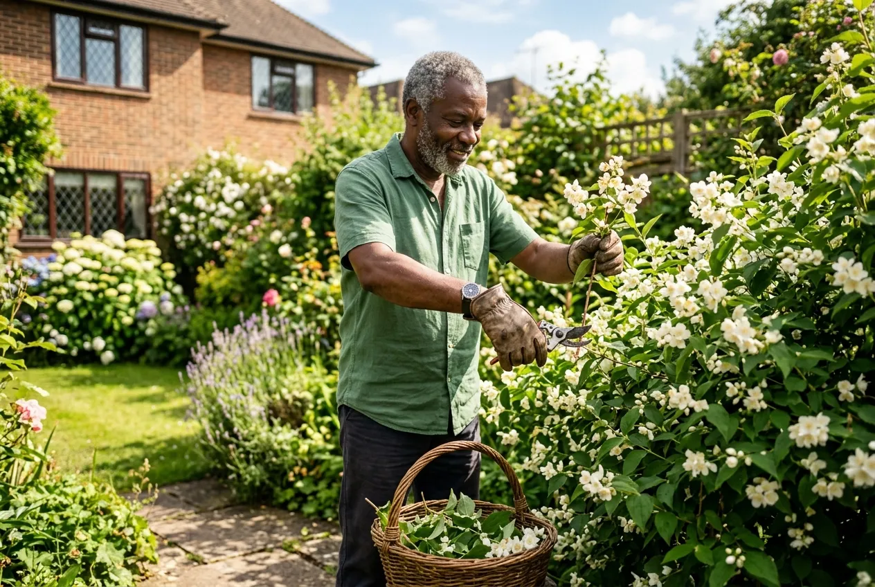 A gardener pruning philadelphus mock orange stems with secateurs after flowering in a UK garden