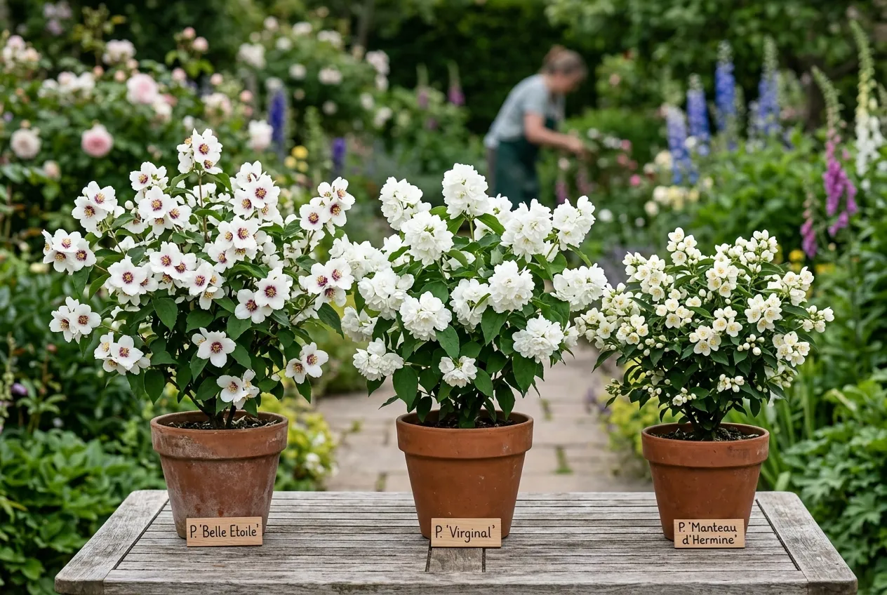 Philadelphus varieties comparison showing different flower forms and sizes in a UK garden