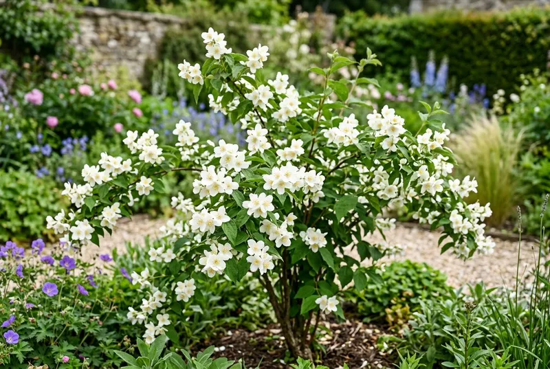 Philadelphus (Philadelphus coronarius) growing in a UK garden