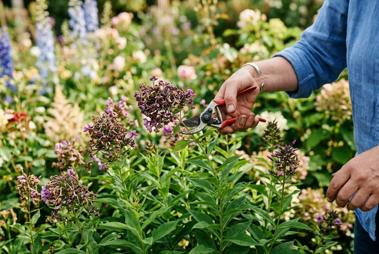 Deadheading spent phlox flower heads with secateurs in a UK summer garden