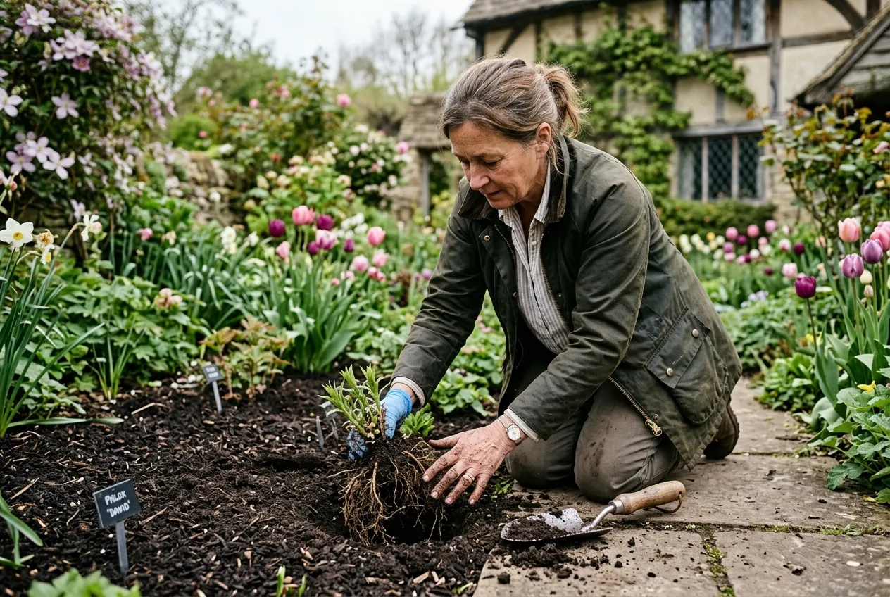 Gardener planting bare-root phlox in a prepared spring garden bed with trowel and compost