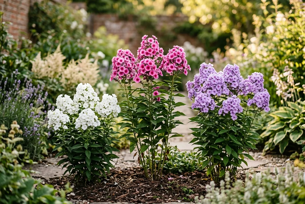 Three distinct phlox varieties side by side showing white, deep pink, and lilac purple flowers in a UK garden border
