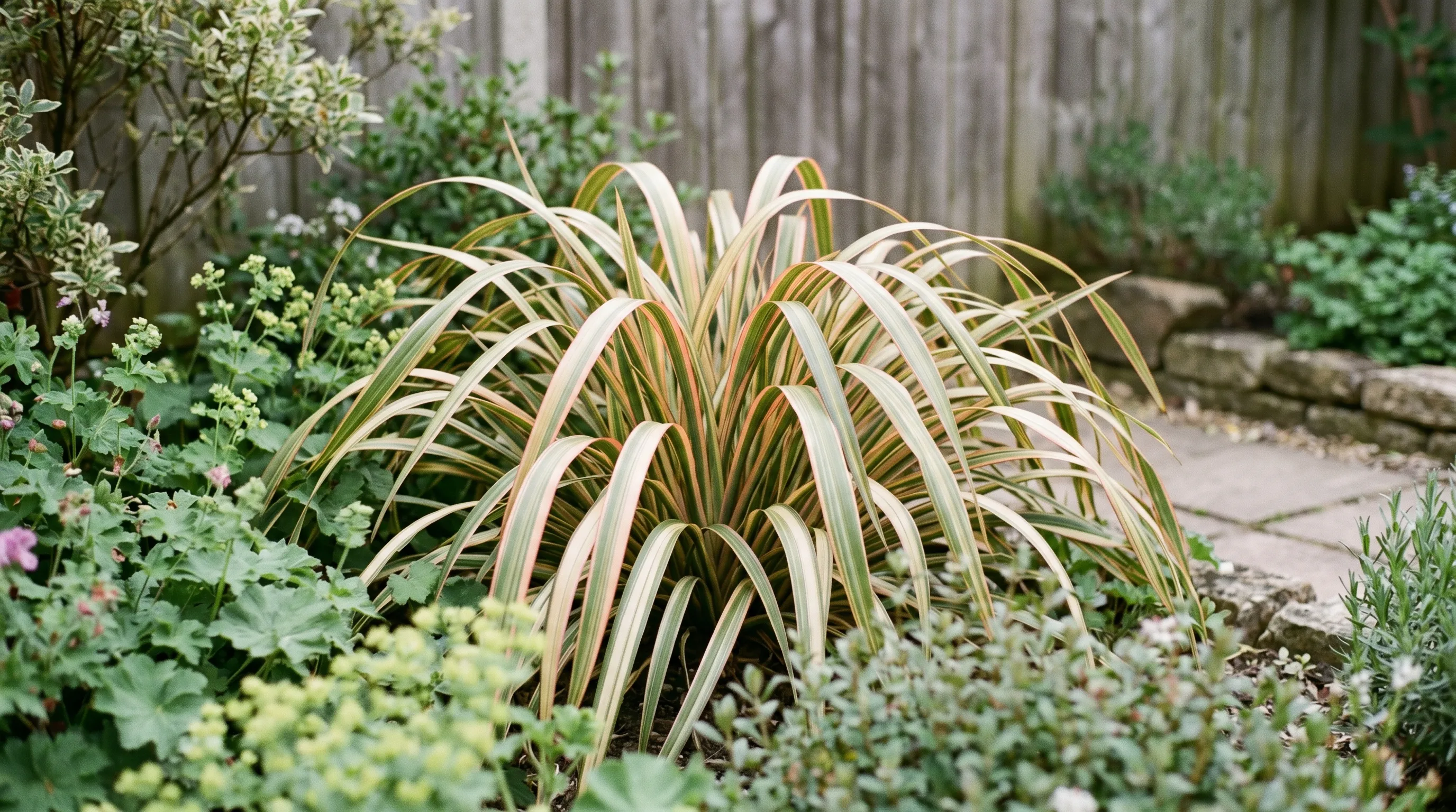 Phormium cookianum tricolor in UK small garden showing arching cream and pink edged leaves smaller habit