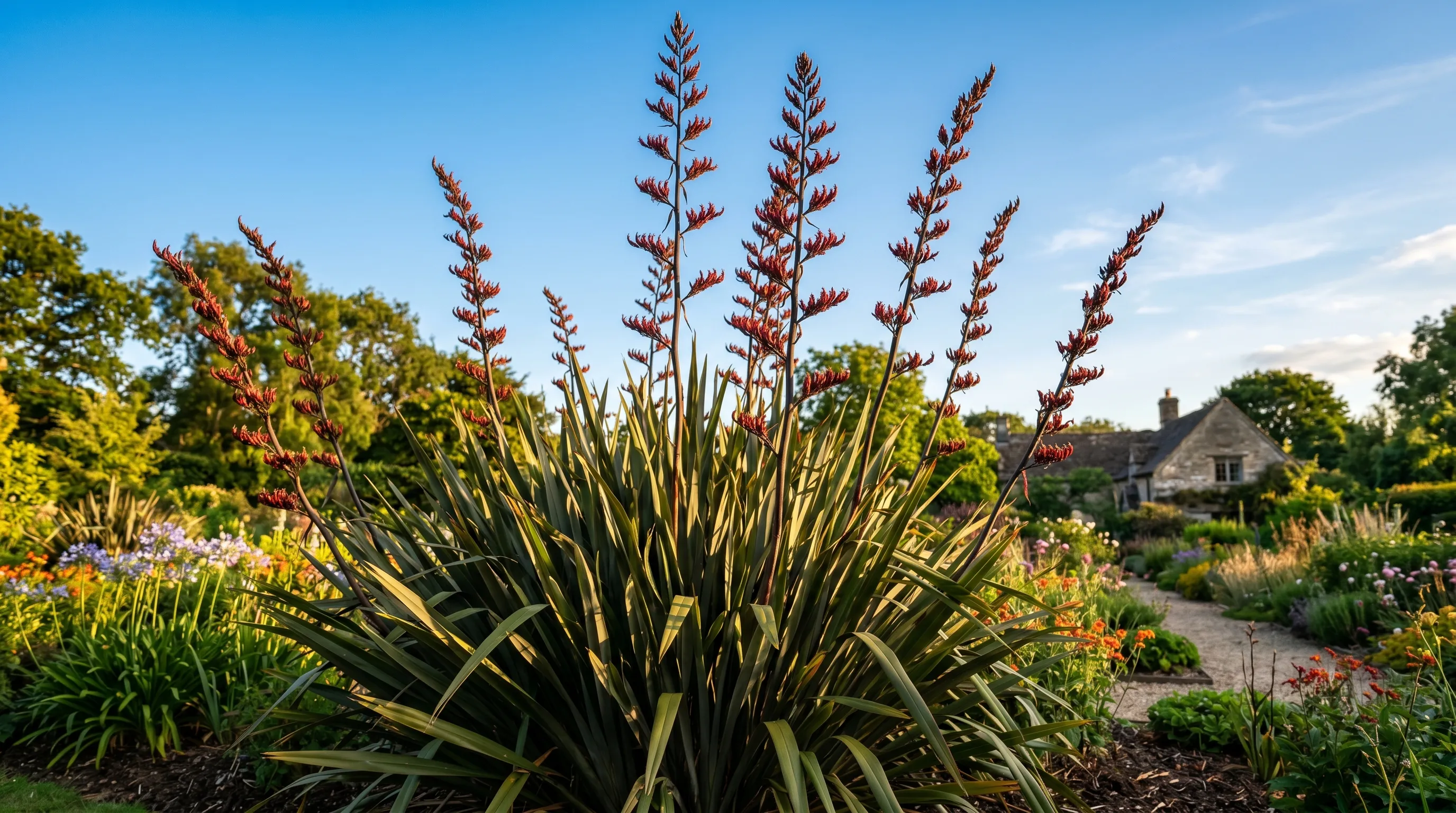 Mature phormium tenax flowering with tall red flower spikes towering above sword leaves in UK summer garden