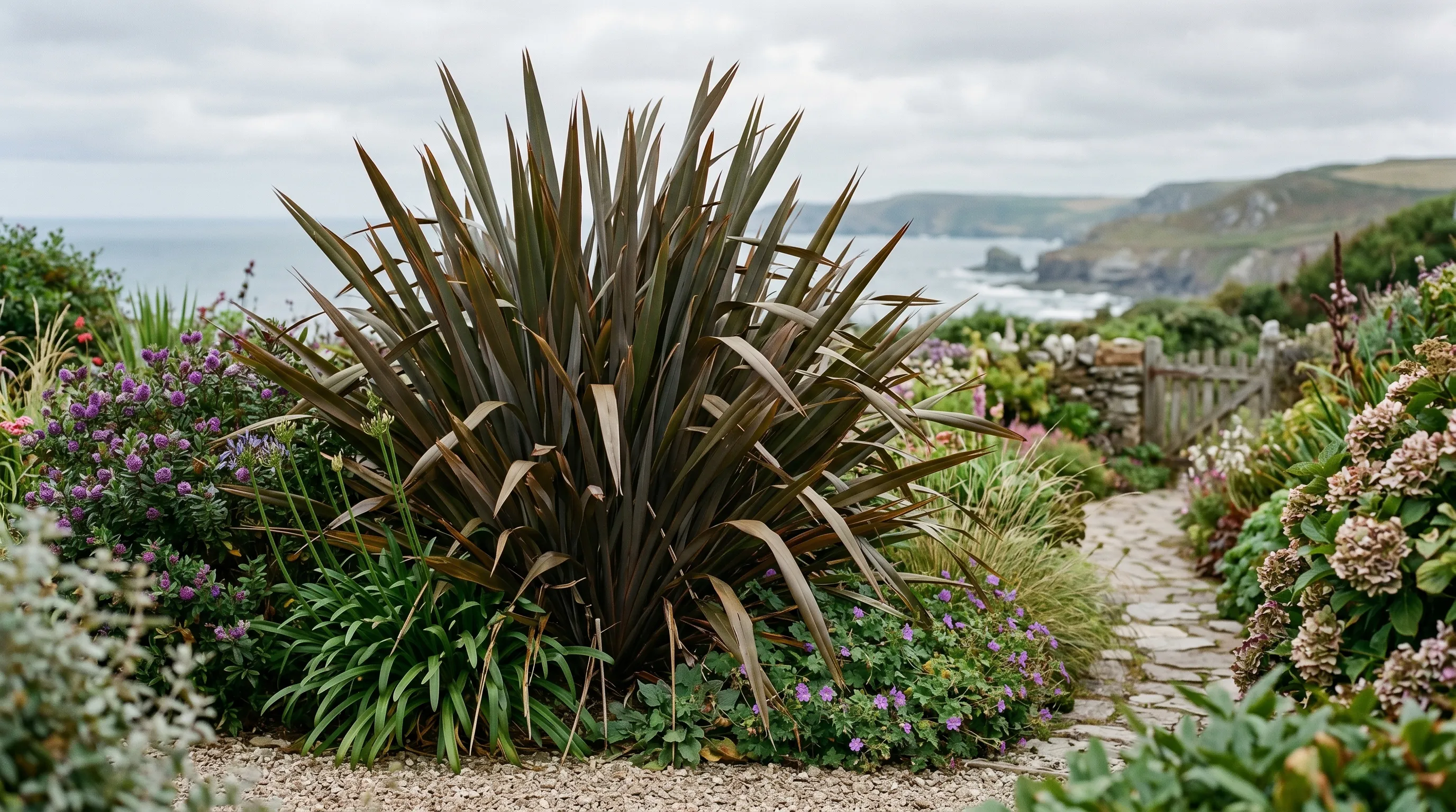 Phormium tenax New Zealand flax architectural sword leaves bronze and green forms in a UK coastal garden border