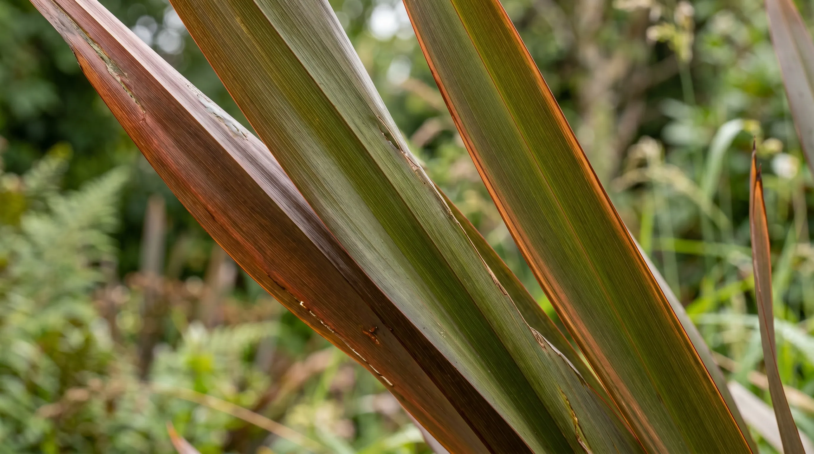 Macro photograph close-up Phormium tenax sword shaped leaves showing bronze and green colour gradient in UK garden