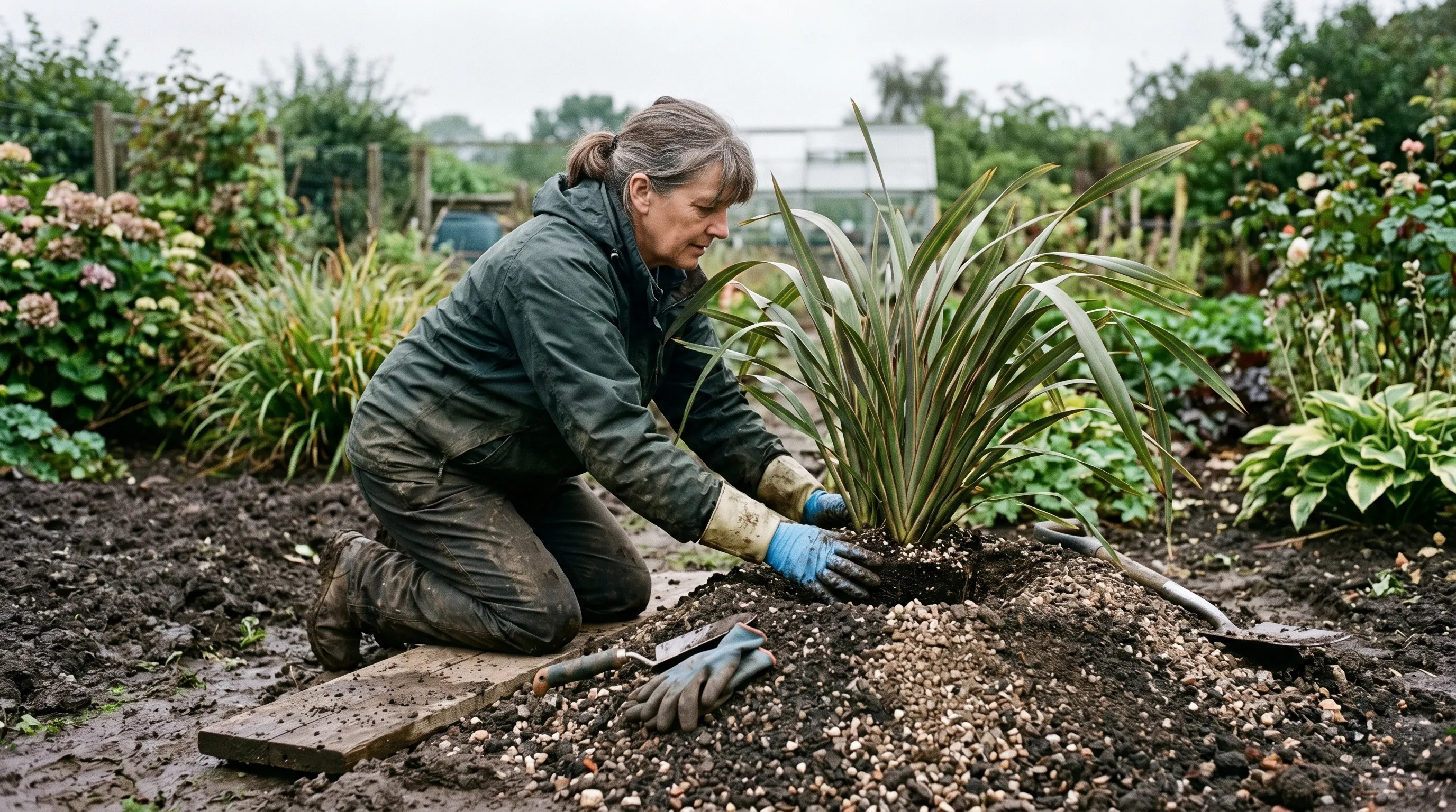 UK gardener planting phormium on raised mound with grit amended soil for drainage on heavy clay garden