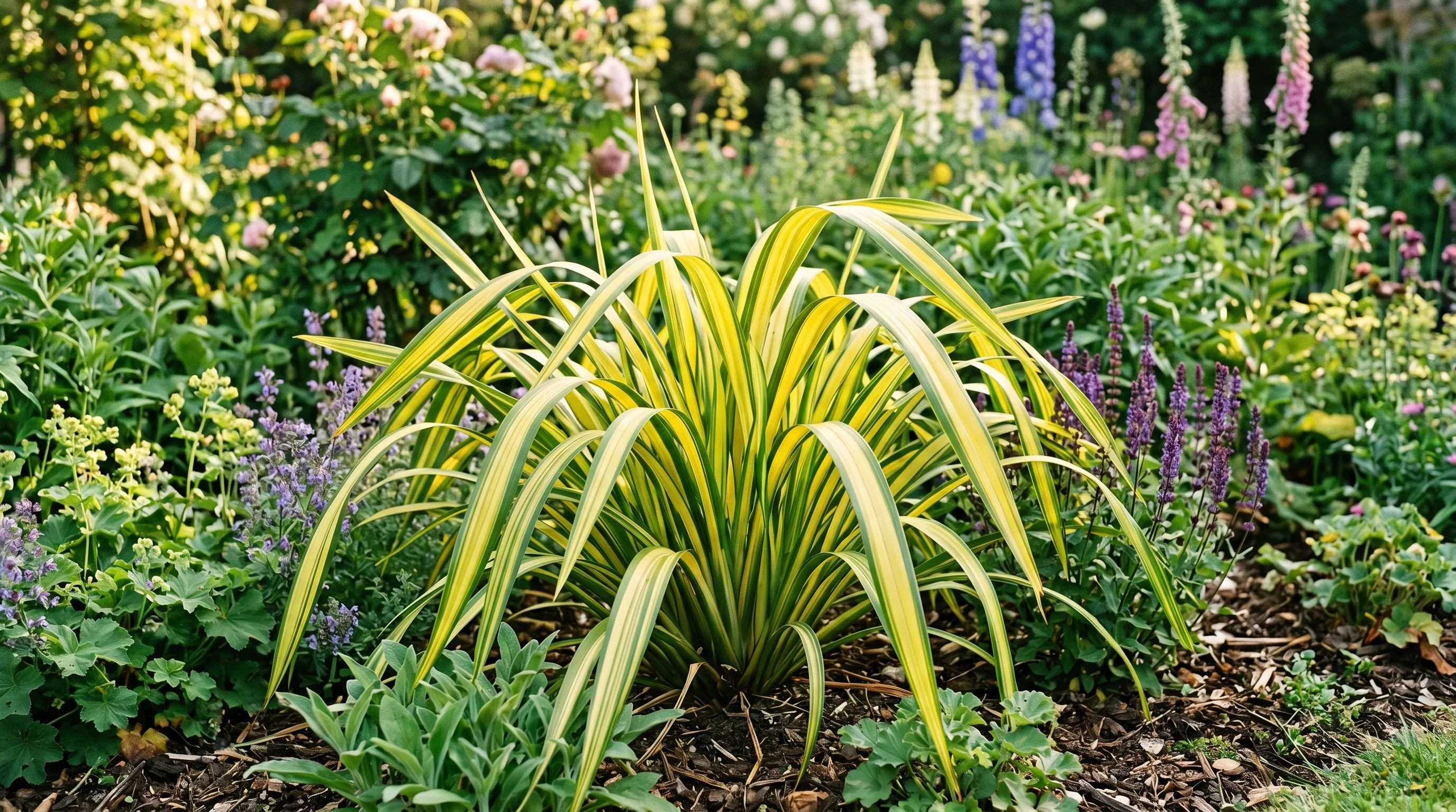 Phormium Yellow Wave cultivar in UK garden border showing bright yellow leaves with green stripes summer afternoon