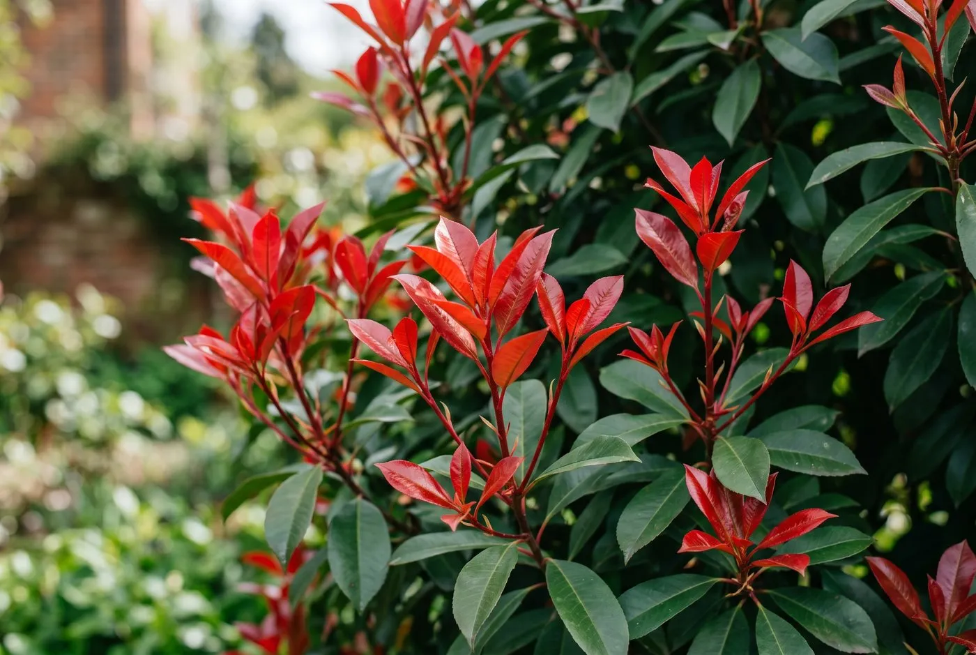 Healthy Photinia Red Robin with bright glossy red new growth at the tips against deep green mature leaves in a UK garden