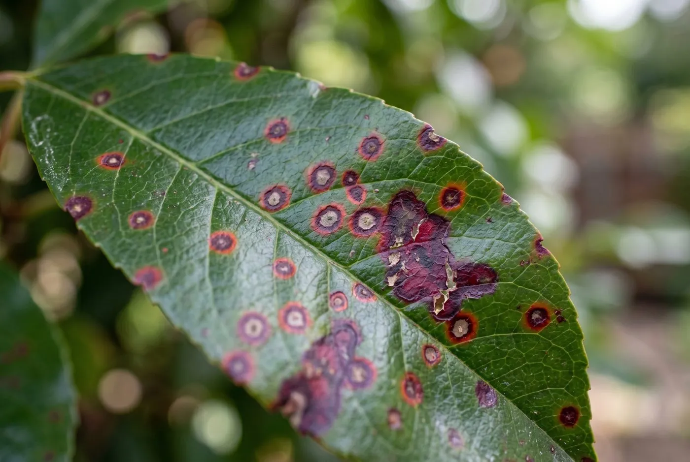 Close-up of Photinia Red Robin leaves covered in red and purple-brown Entomosporium leaf spots merging into larger blotches