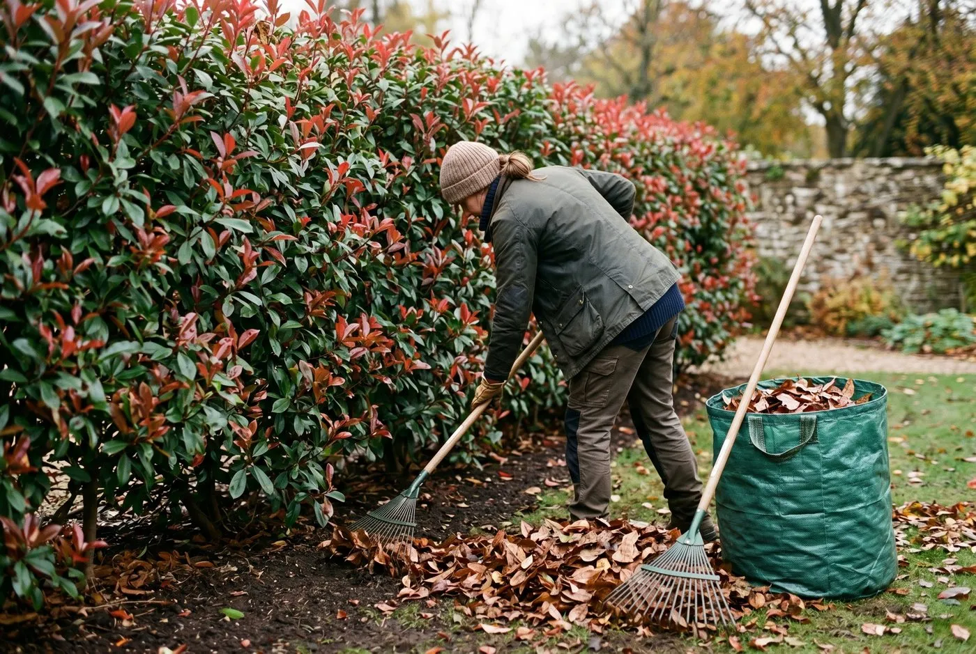 Gardener raking up fallen brown spotted leaves from beneath a Photinia Red Robin hedge to keep the base clean