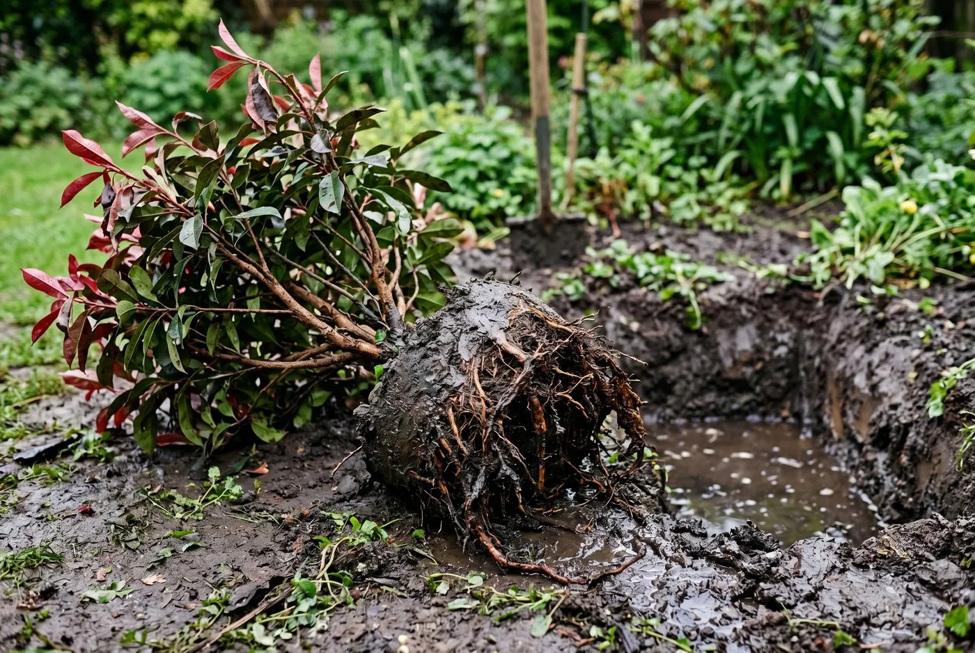 Photinia Red Robin lifted from waterlogged clay showing dark brown rotted roots and standing water in the planting hole