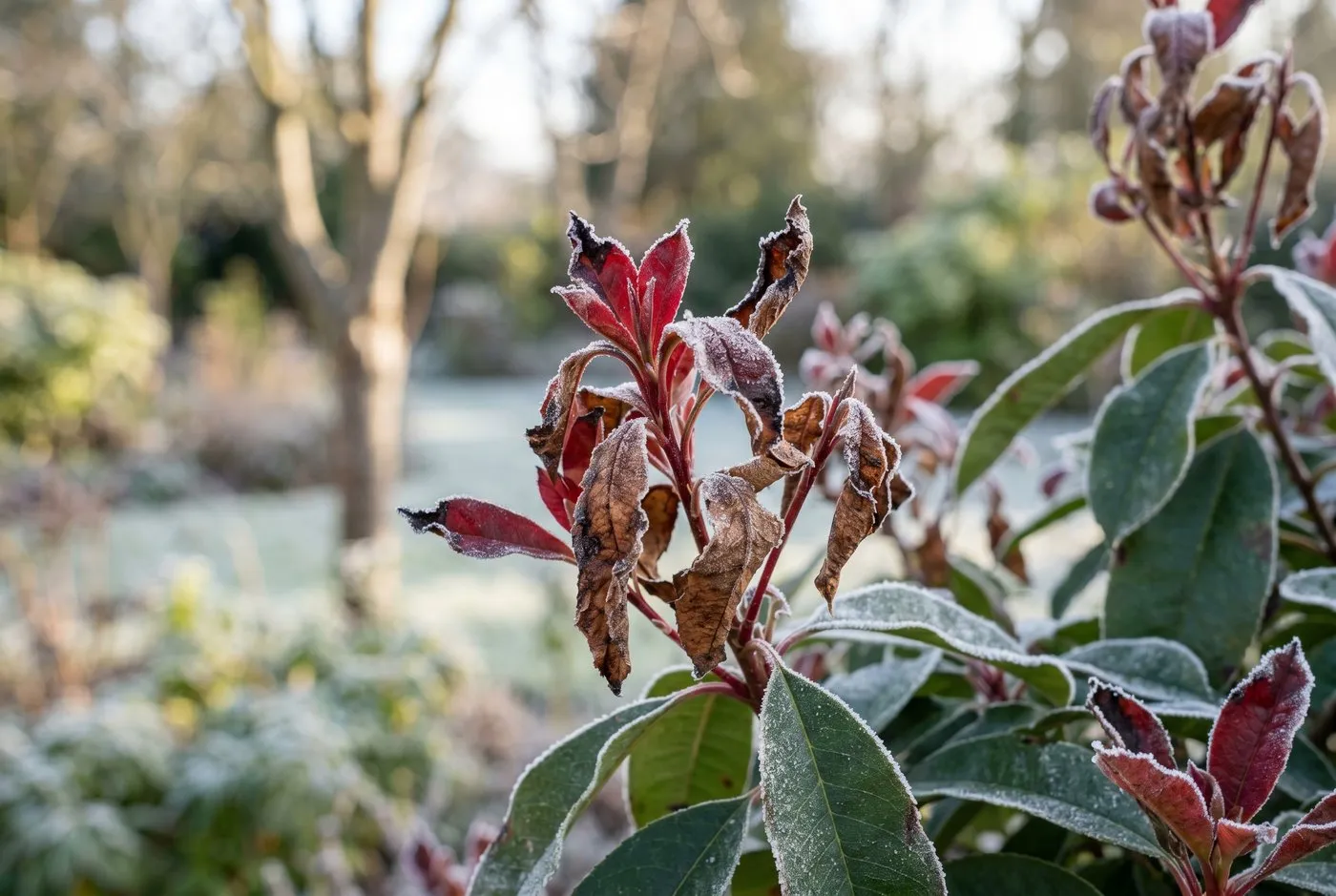 Frost-scorched Photinia Red Robin with crispy brown shrivelled red shoot tips against healthy green lower leaves under winter light