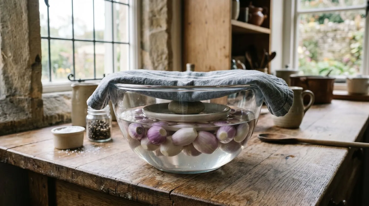 UK pickled onions during the brining stage in a large bowl of salt water before pickling