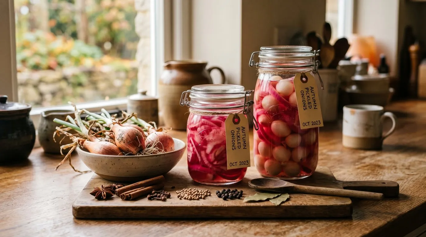 Pickled onions in glass Kilner jars next to fresh garden shallots and warming spices on a UK kitchen worktop in autumn