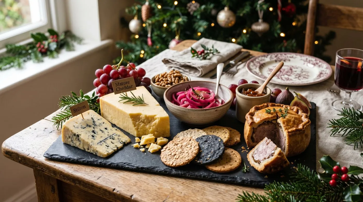 UK pickled onions served on a Christmas ploughmans plate with cheese cold cuts and chutney