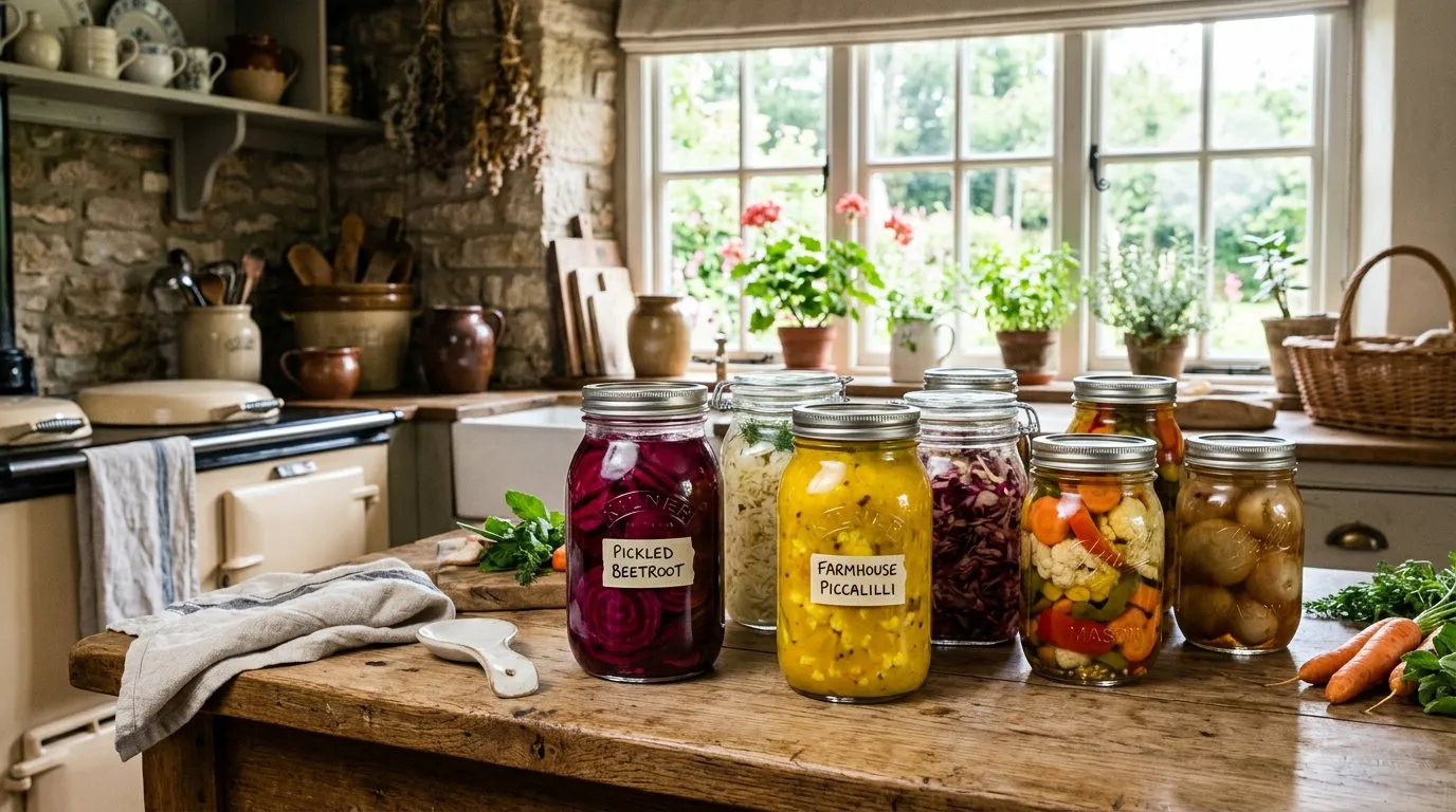 Glass jars of pickled onions and fermenting sauerkraut with bubbling airlocks on a kitchen counter