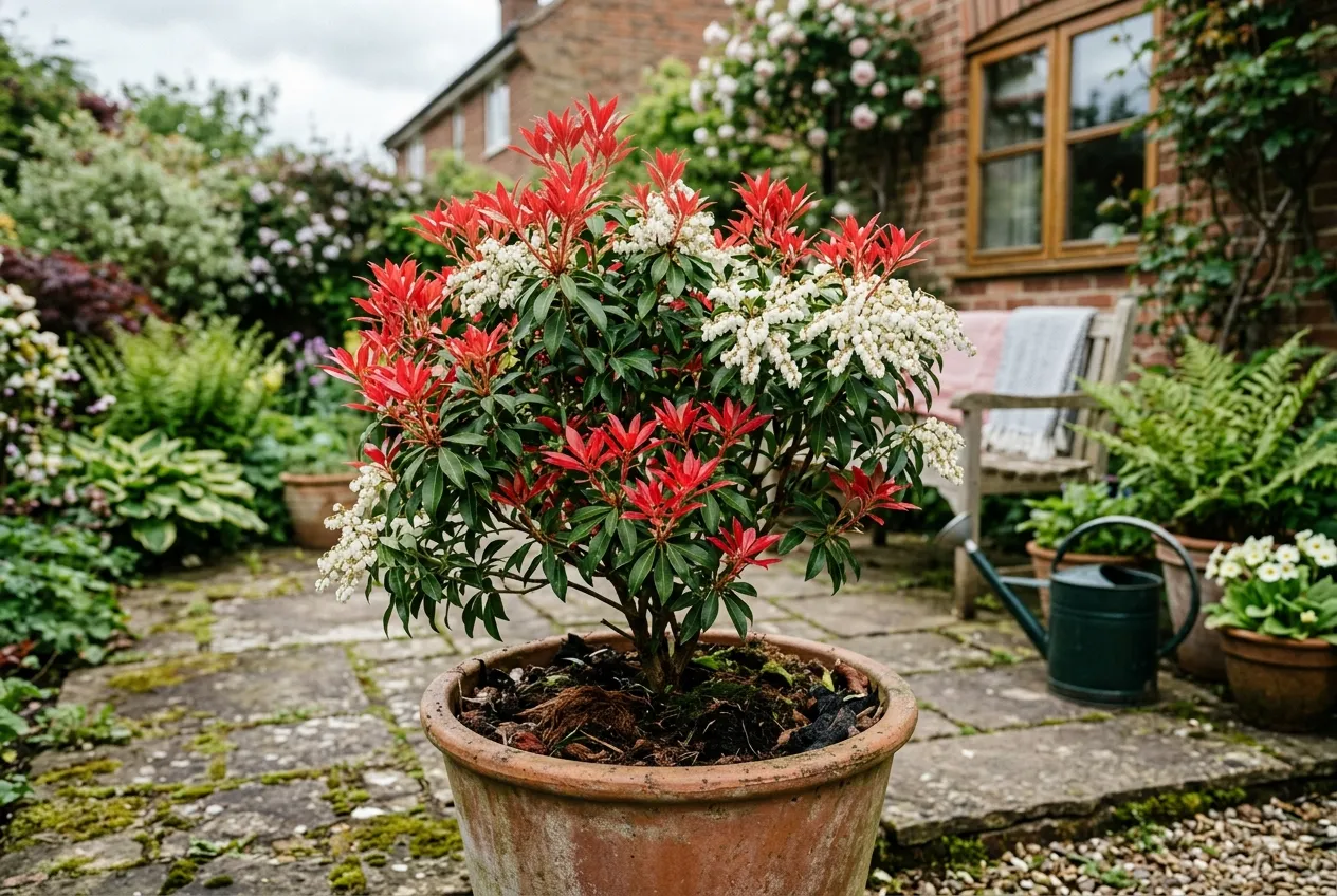 Pieris japonica growing in a large container on a UK patio with red new spring growth