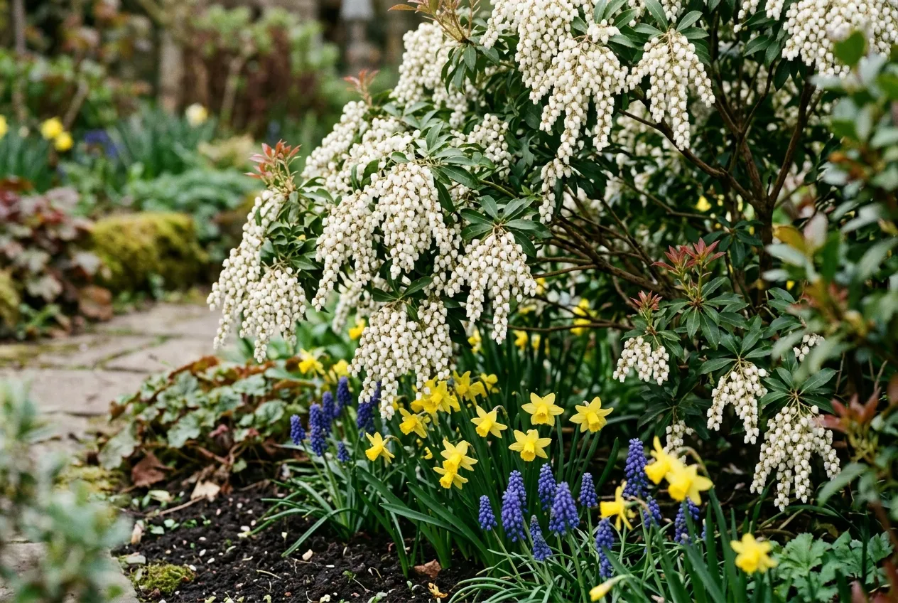 Pieris japonica white bell flowers with spring bulbs daffodils and grape hyacinths underneath