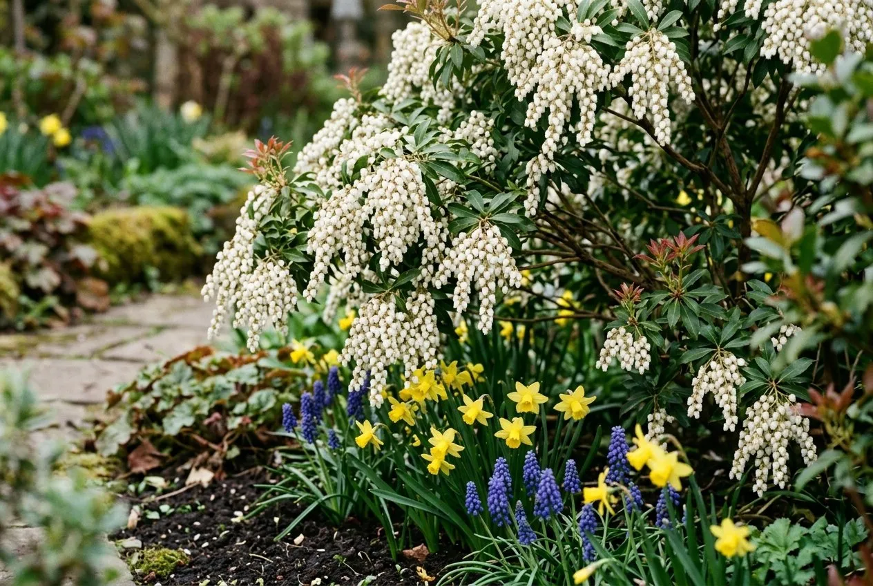 Pieris japonica white bell flowers with spring bulbs daffodils and grape hyacinths underneath