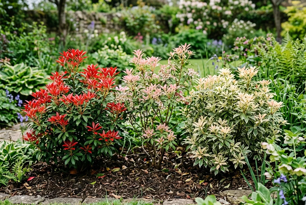 Pieris varieties showing different spring leaf colours from red to pink to cream in a UK garden border