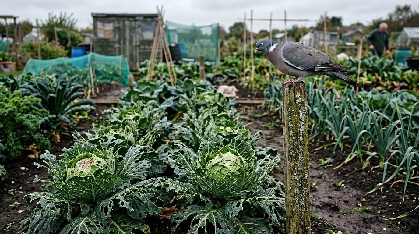 Pigeon damage to brassica leaves showing shredded and pecked cabbage in a UK allotment