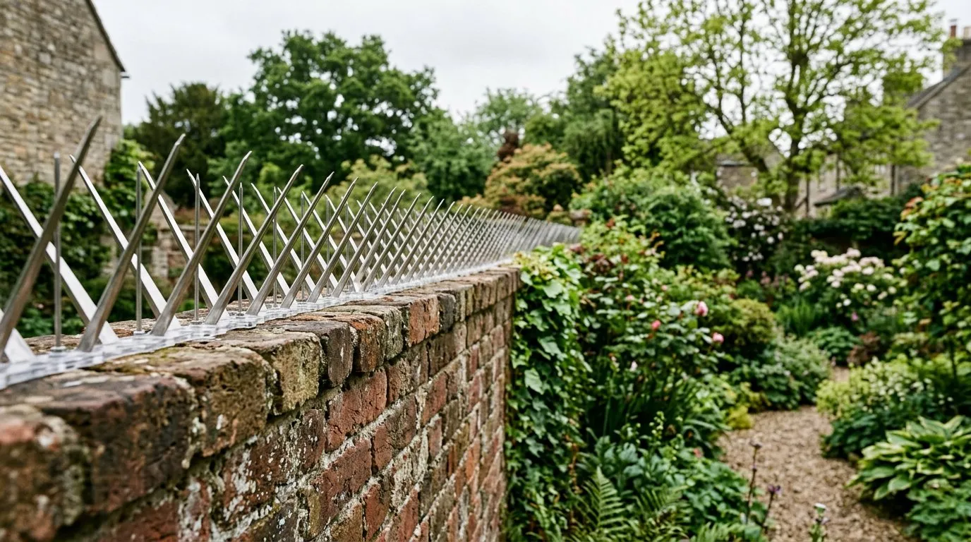Pigeon deterrent spikes installed along a garden wall top in a UK garden