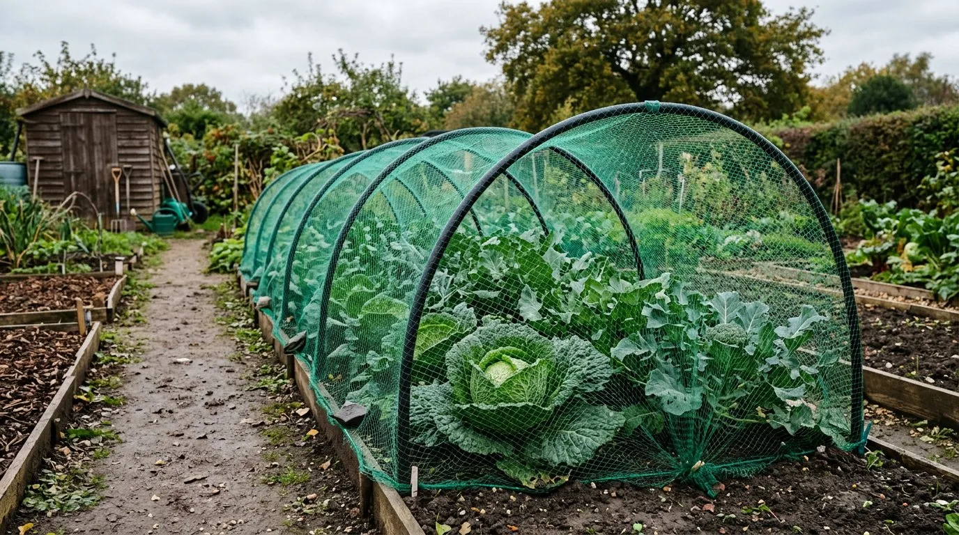 Anti-pigeon netting over brassica plants protecting vegetables in a UK garden