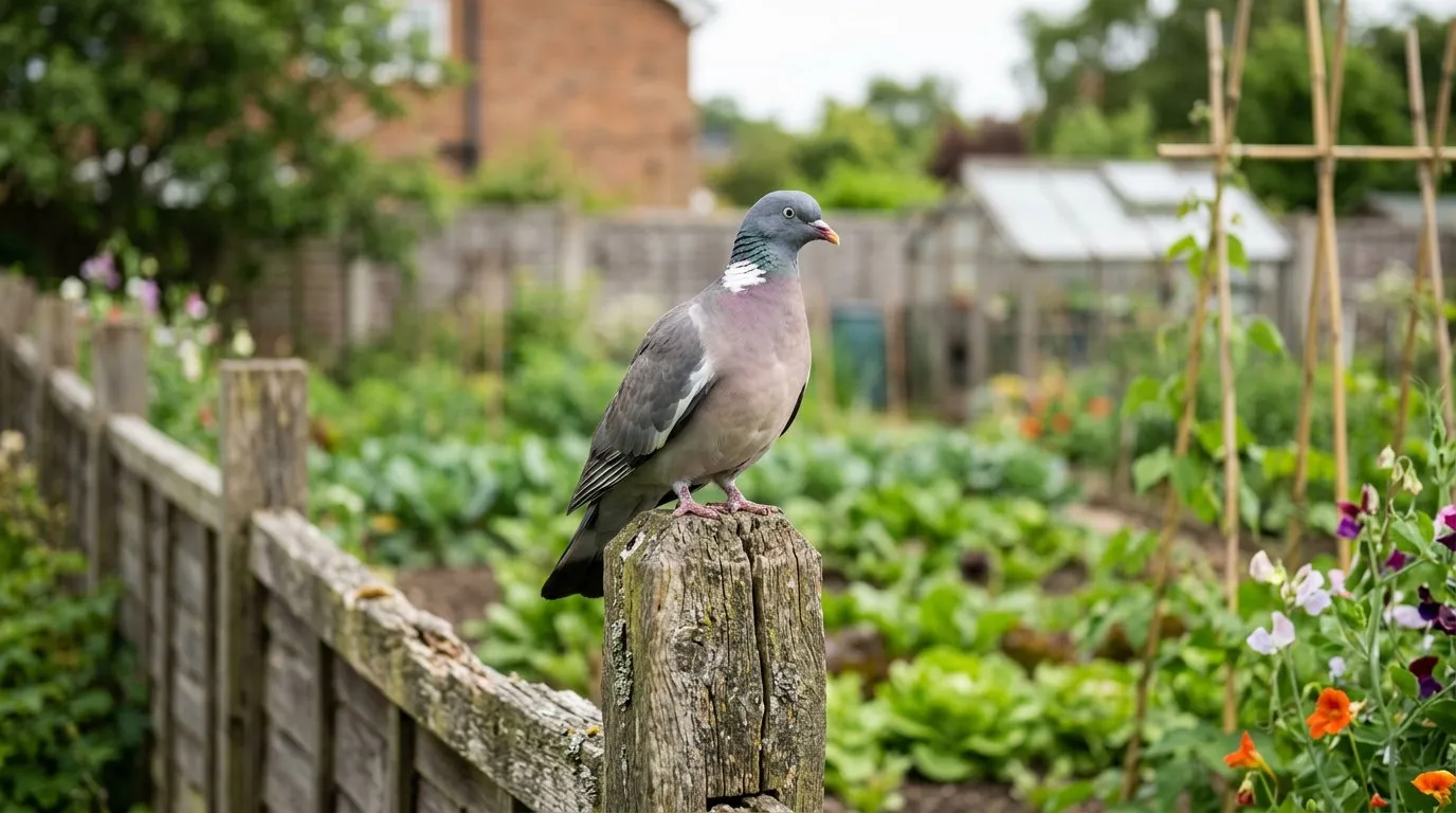 Several feral pigeons pecking at brassica seedlings in an unprotected UK vegetable garden bed