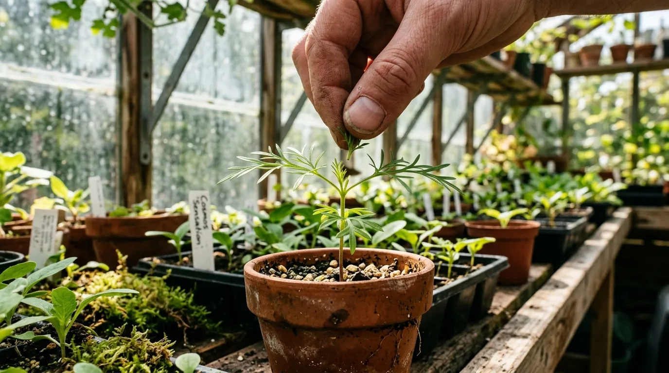 Close-up of cosmos seedling at four-leaf-pair stage with pinch point marked between thumb and snip blade