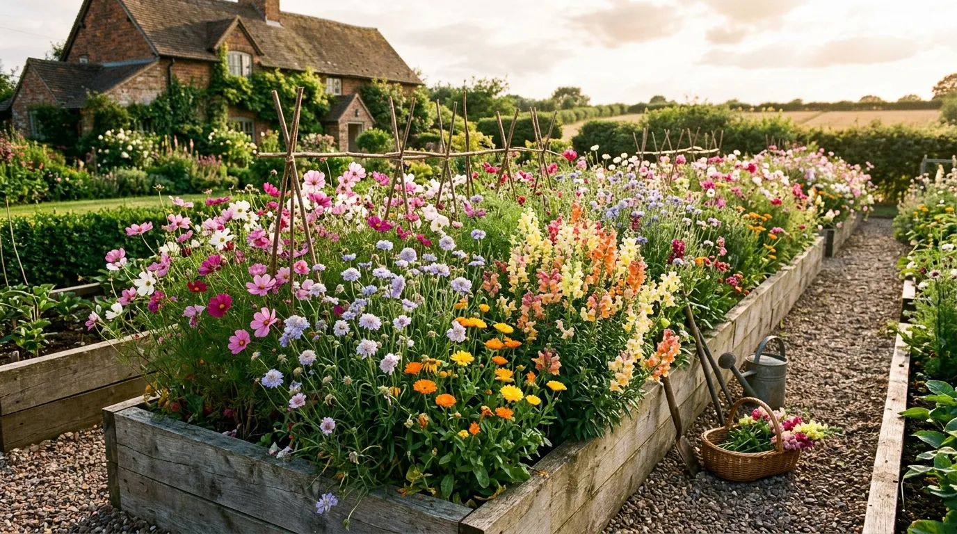 Cosmos calendula scabious and antirrhinum flowering together in a Staffordshire cut flower row in mid-July
