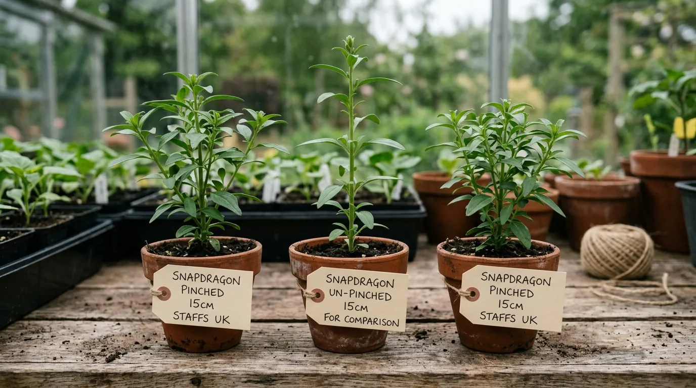 Three snapdragon antirrhinum plants on a wooden bench, two pinched and one un-pinched for comparison