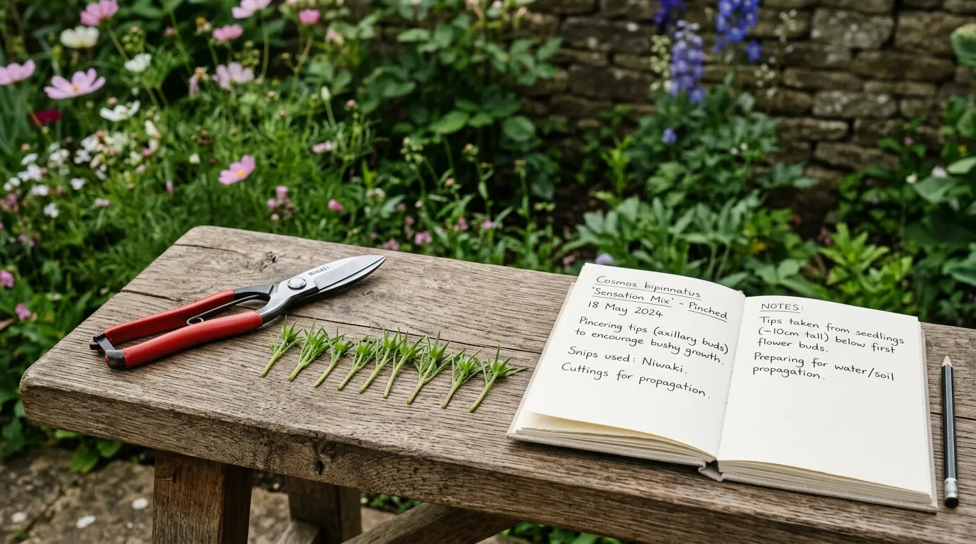 Sharp Niwaki snips beside pinched cosmos tips on a wooden potting bench with a propagation journal