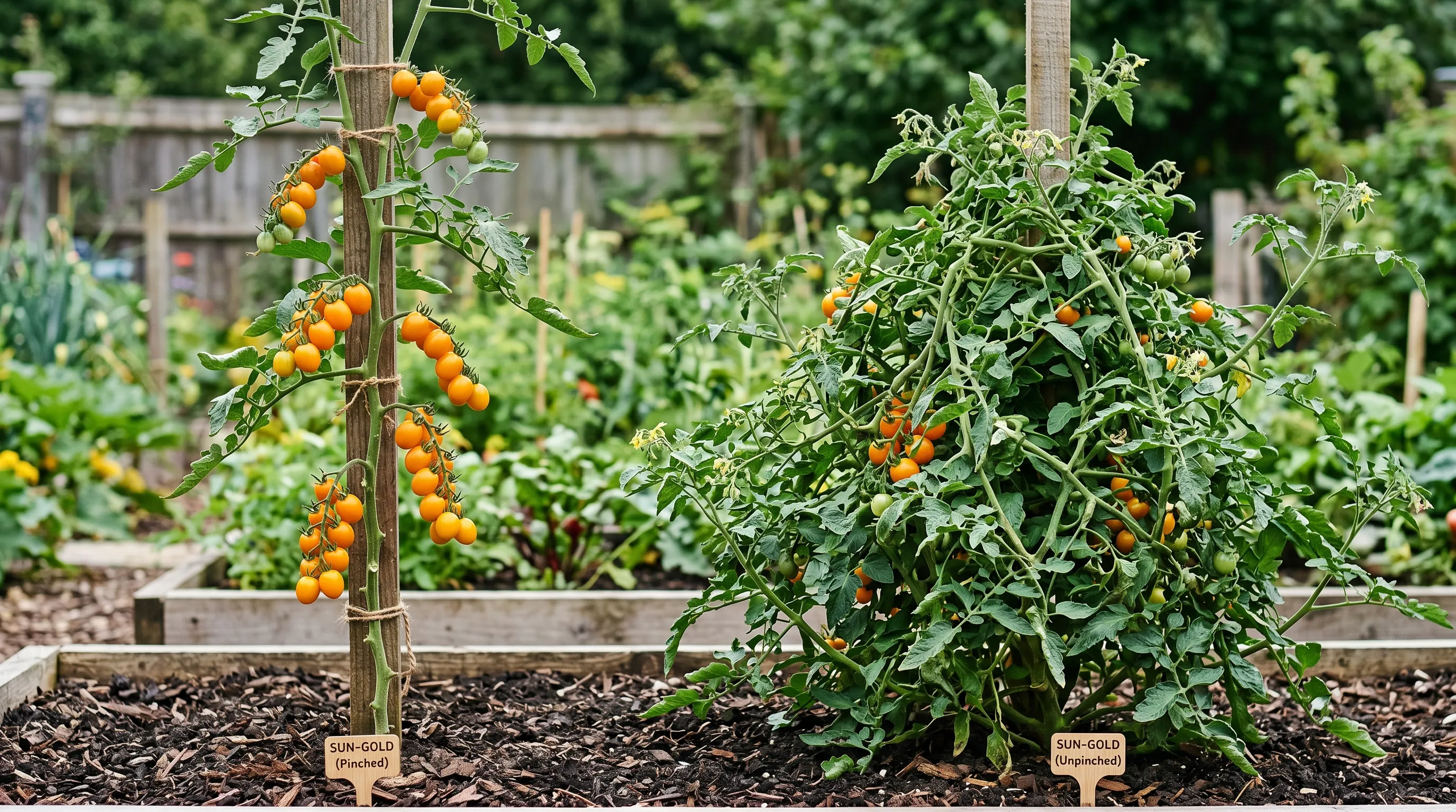 A diagnostic comparison of two UK cordon Sungold tomato plants side by side, the left properly pinched with a clean single stem and trusses, the right unpinched with multiple side stems and a tangled habit