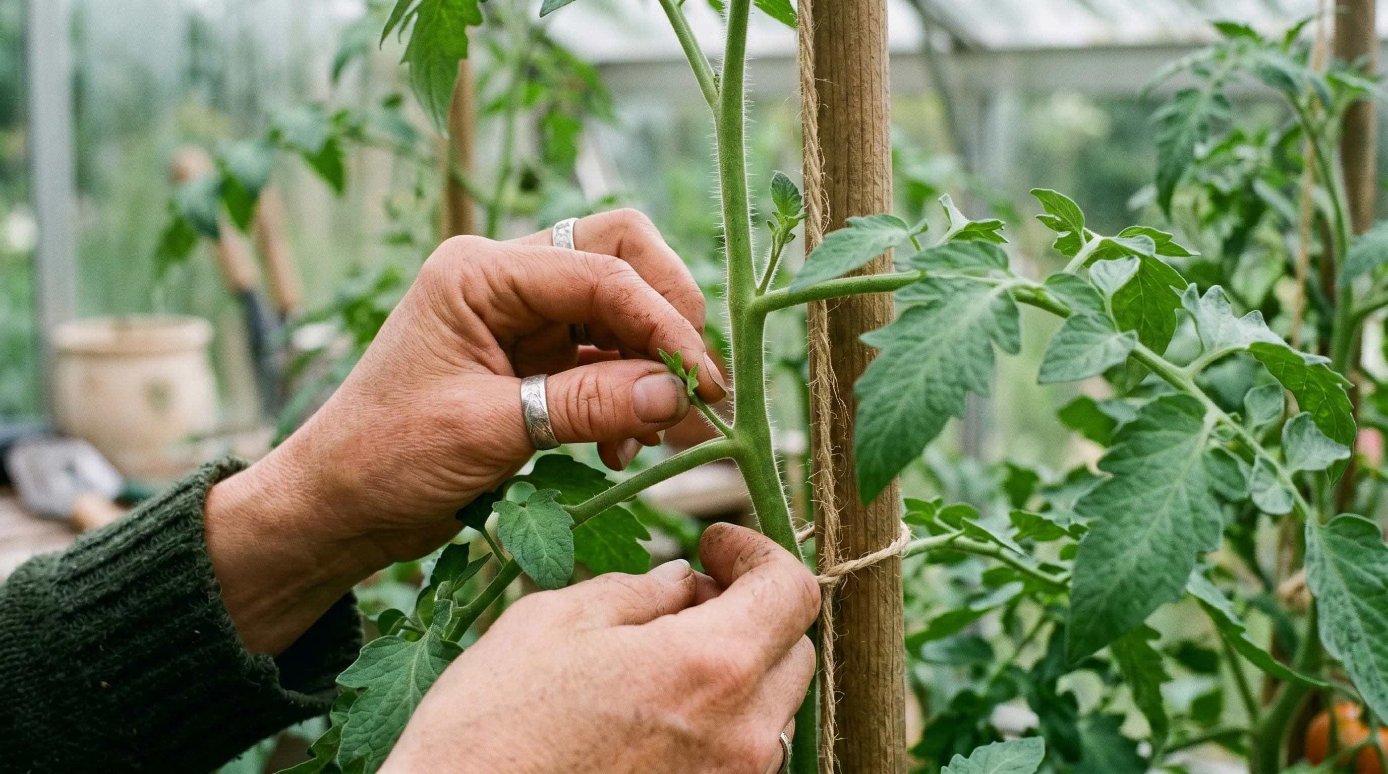A close-up of a UK gardener's fingers pinching out a small green sideshoot growing from the leaf axil of a tomato plant on a greenhouse cordon