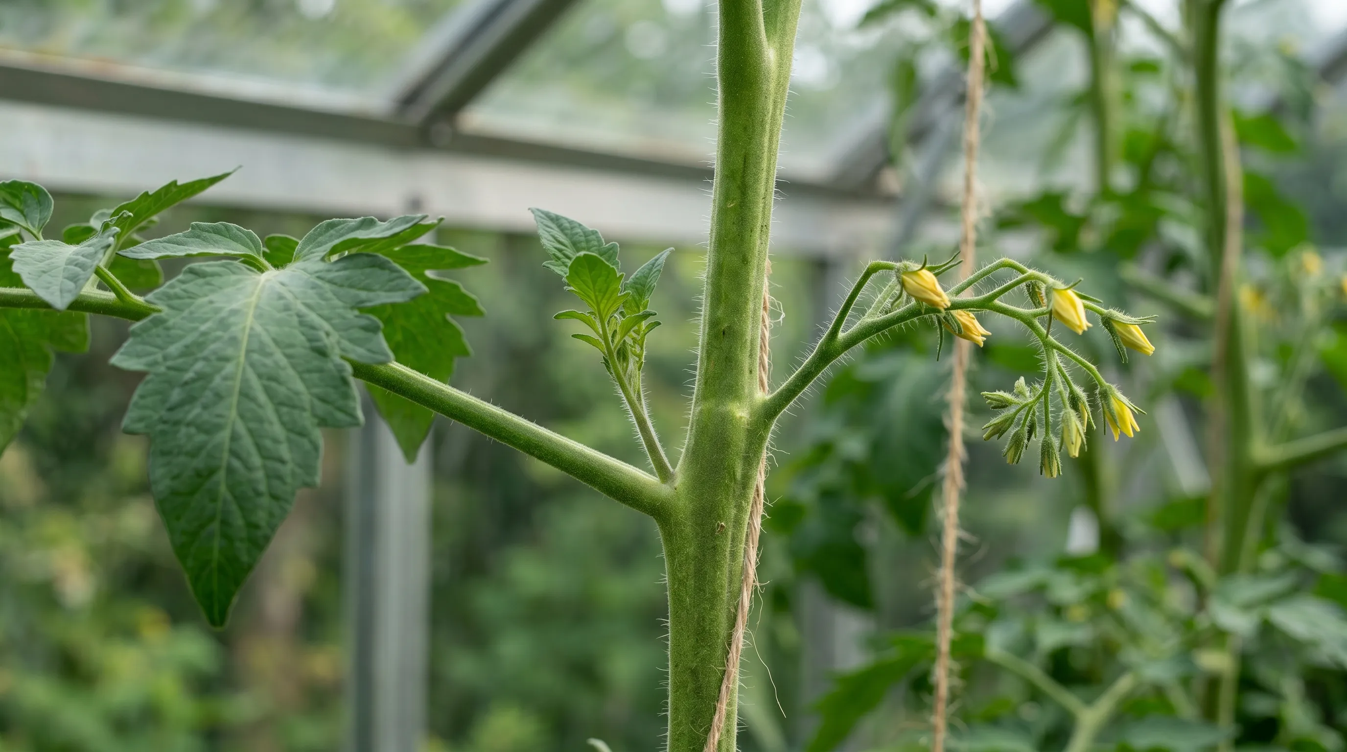 A diagnostic close-up of a UK greenhouse tomato plant showing the difference between a leaf axil sideshoot (a small green shoot in the V between leaf and main stem) and a flower truss (yellow flower buds growing horizontally from the main stem)