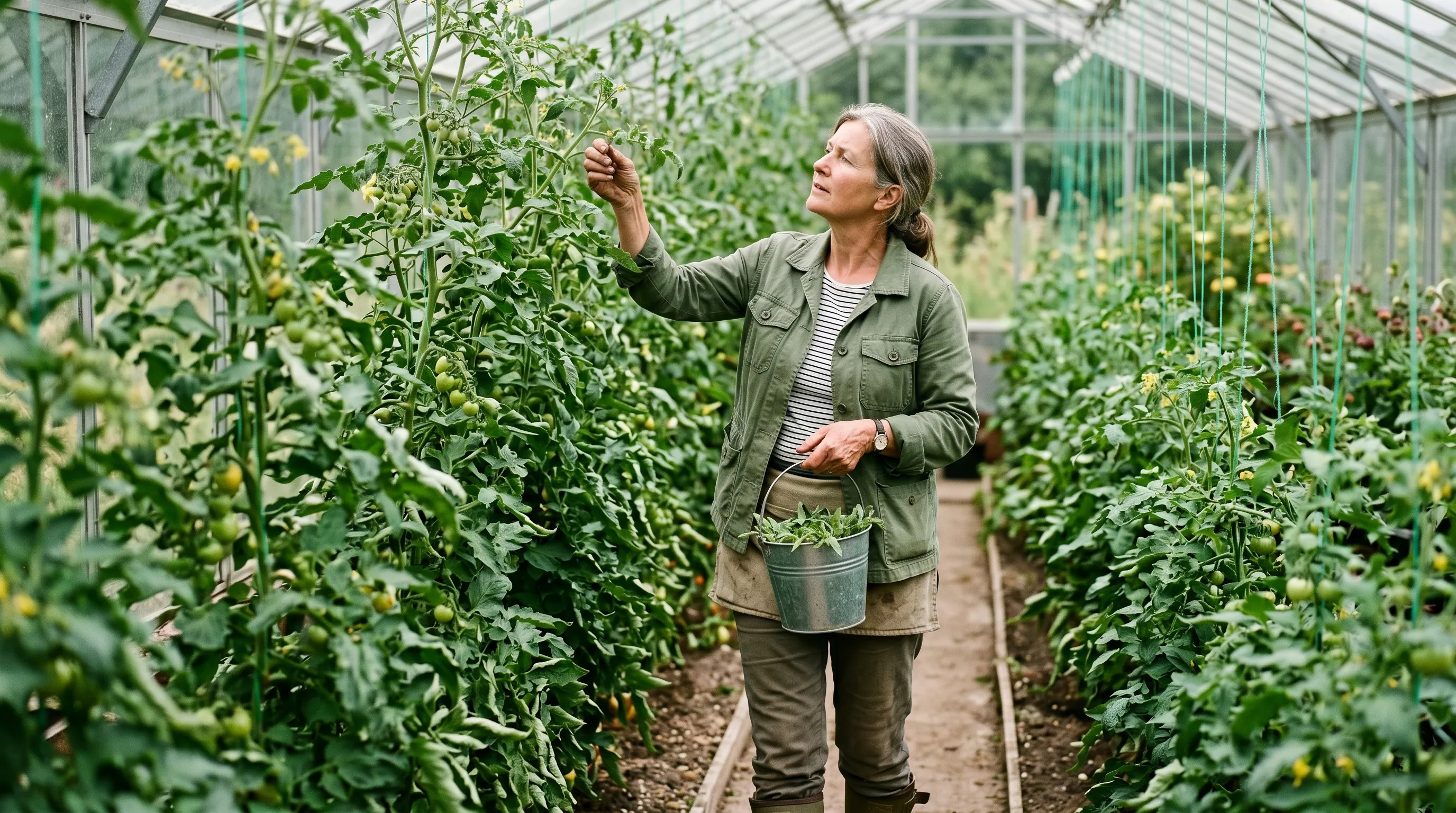 A UK gardener walking down a row of greenhouse tomato cordons in late June, inspecting each plant from base upward for sideshoots, with a small bucket in hand for collecting the pinched shoots