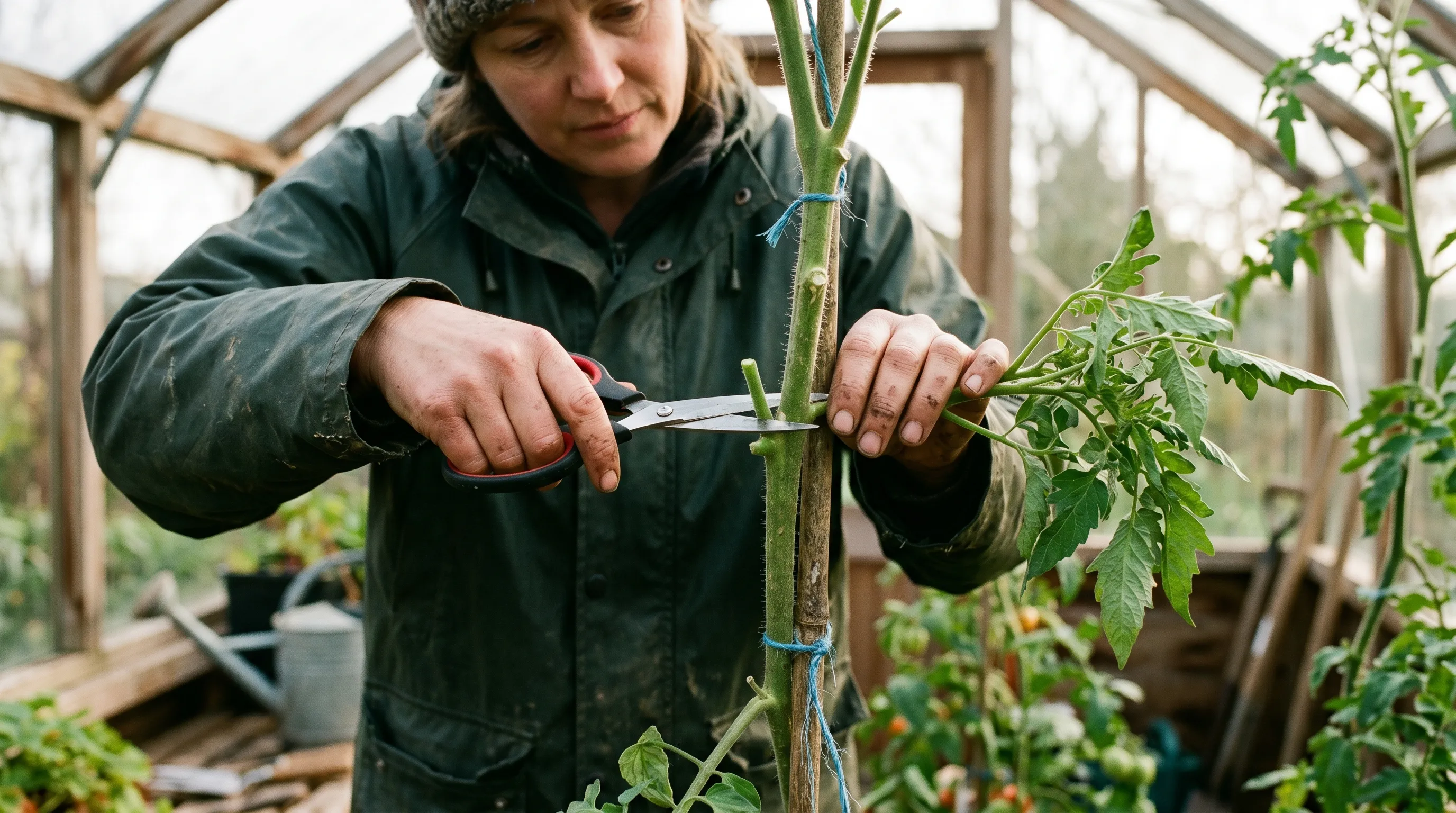 A UK gardener using sharp scissors to cut a 120mm-long missed tomato sideshoot at its base near the main stem, leaving a 5mm stub on the main stem
