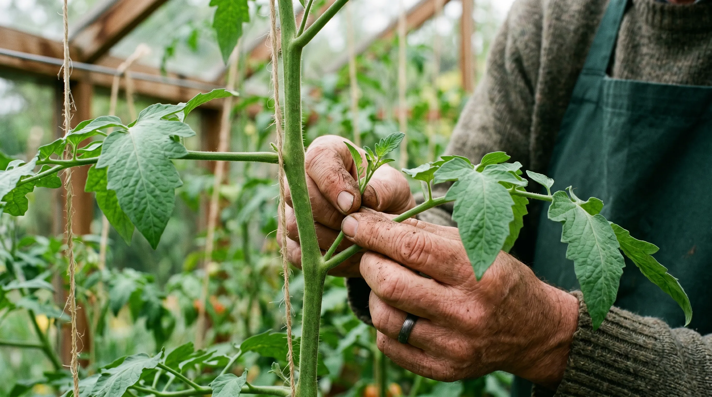 A close-up of a UK gardener's fingers pinching out a small 30mm green sideshoot growing from the leaf axil of a tomato plant on a greenhouse cordon, with the pinched shoot held between thumb and finger