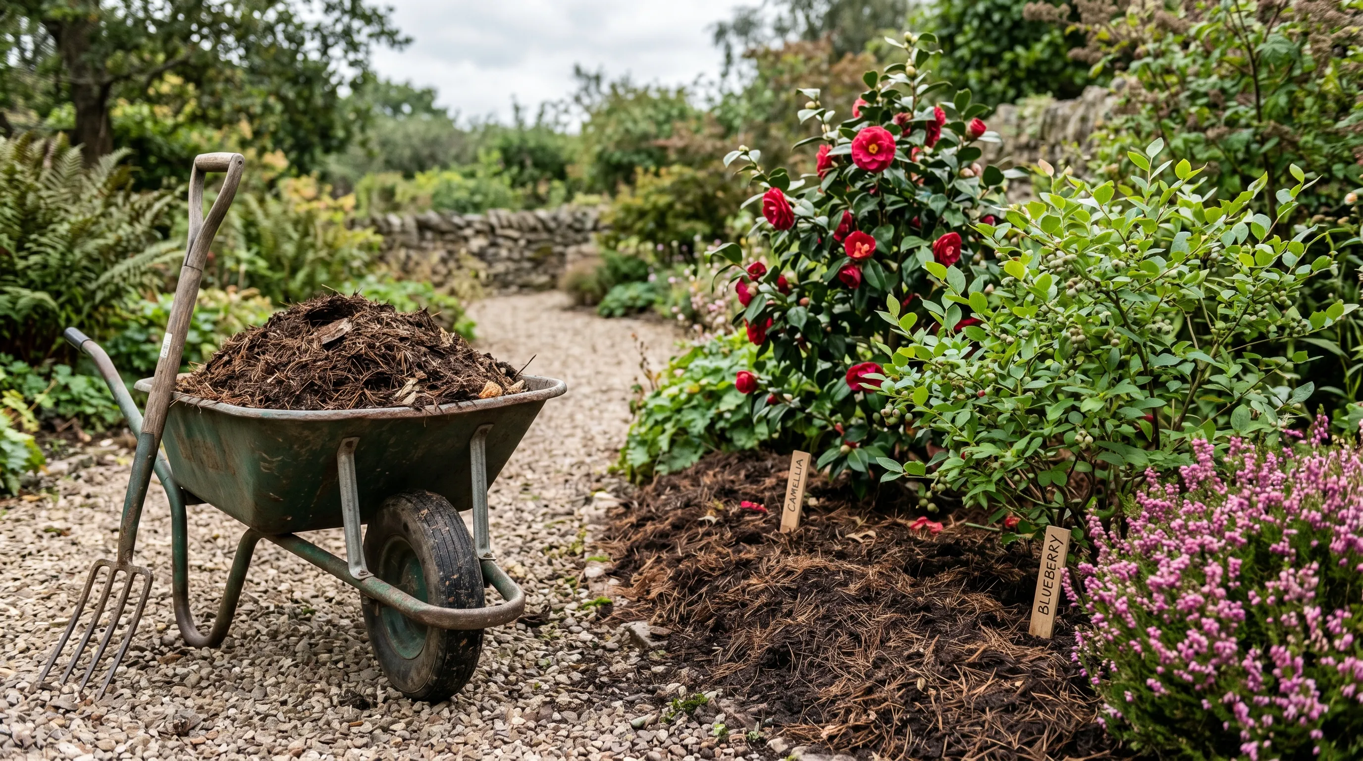 Wheelbarrow of well-rotted pine needle mulch beside a freshly-mulched border of acid-loving plants in a UK garden