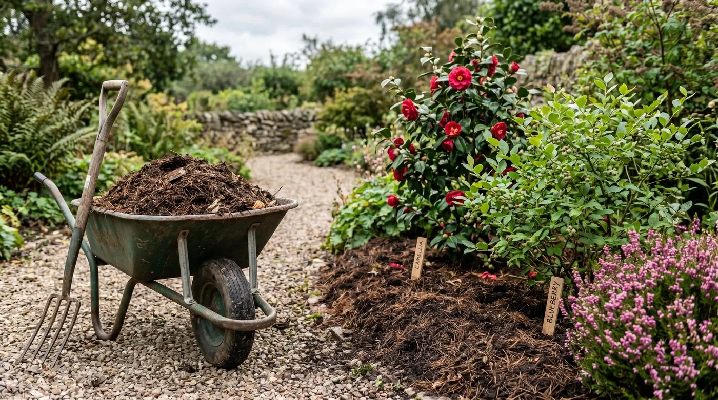 Wheelbarrow of well-rotted pine needle mulch beside a freshly-mulched border of acid-loving plants in a UK garden