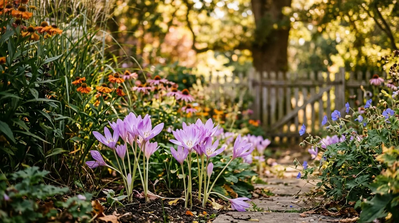Pink autumn crocus flowers opening among grass and fallen leaves
